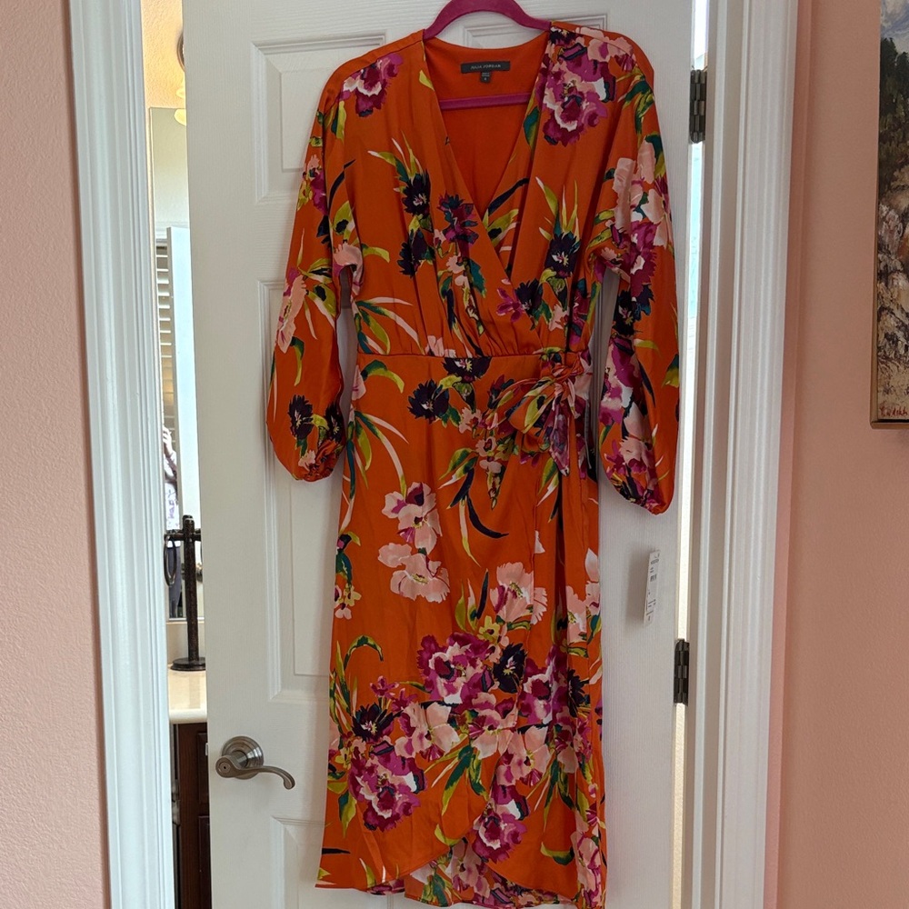 Nordstrom Orange Floral Wrap Dress with Pink & Purple Blooms